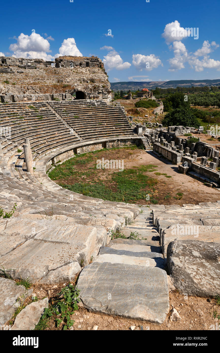 Greek Theatre remodelled in 225-200 BC & again in 175 BC, 68 AD & 299 AD to a width of 139.8 meters to seat 18,500 people.  Miletus Archaeological Sit Stock Photo