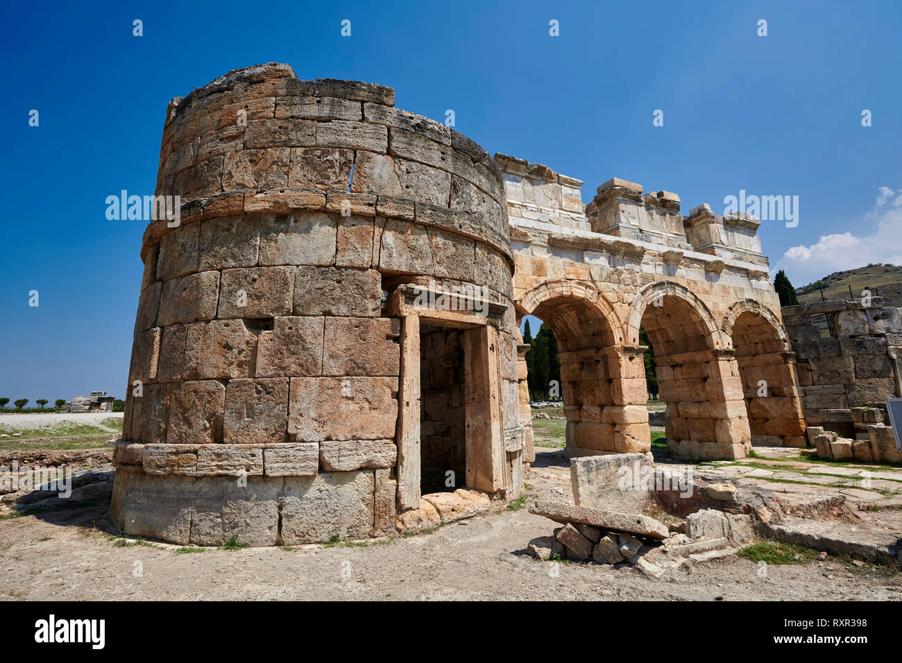 Picture of the Roman North Gate built by Domitian. Hierapolis archaeological site near Pamukkale in Turkey. Stock Photo