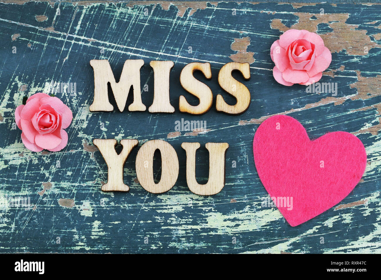 Miss you written with wooden letters on rustic surface Stock Photo