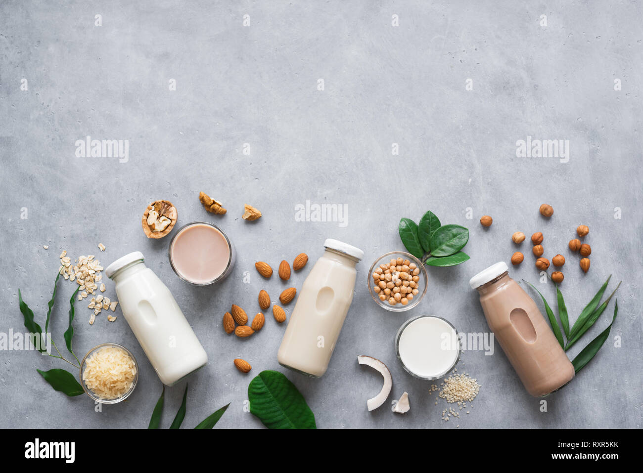 Various vegan plant based milk and ingredients, top view, copy space