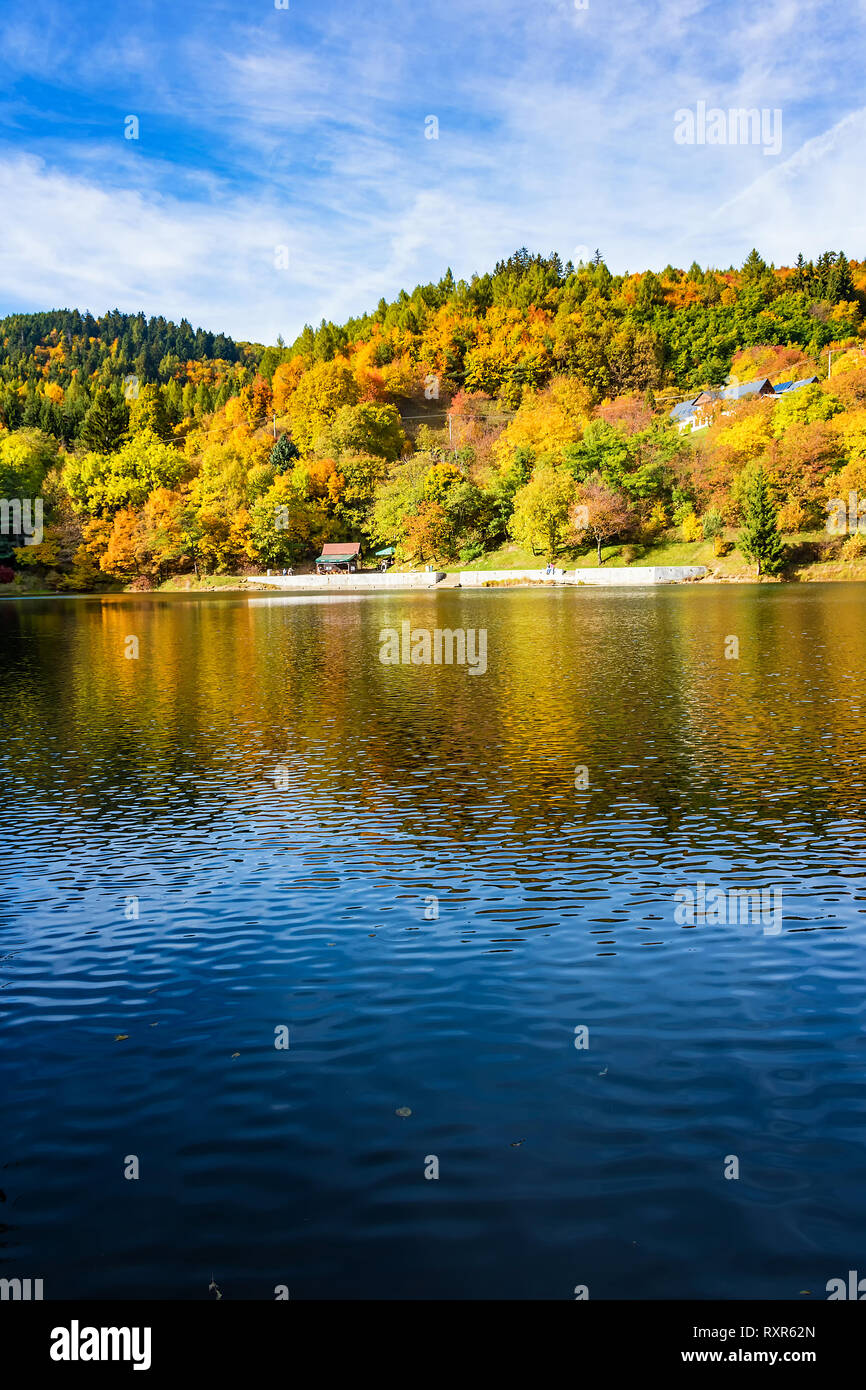 Beautiful reflection of colorful trees in water of lake during autumn ...