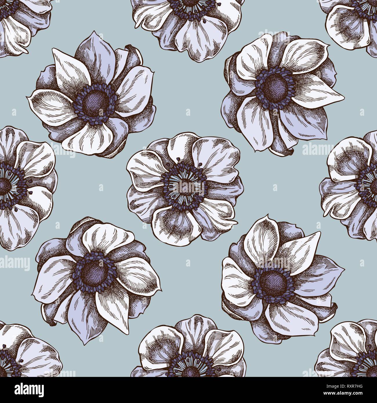 Seamless pattern with hand drawn colored anemone stock illustration Stock Vector
