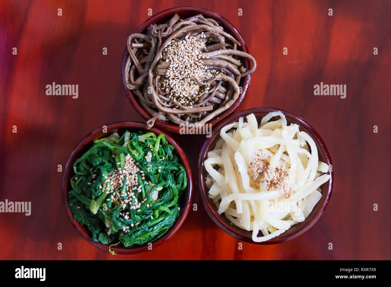Namul, seasoned Korean herbs (balloon flower root, spinach, bracken