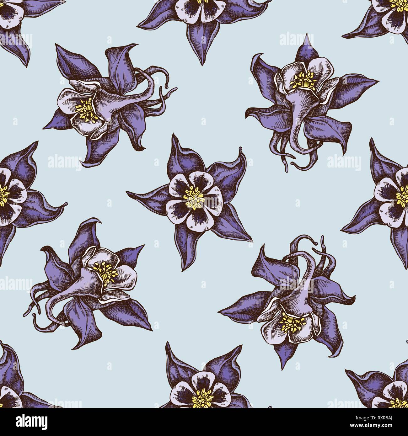 Seamless pattern with hand drawn colored aquilegia Stock Vector