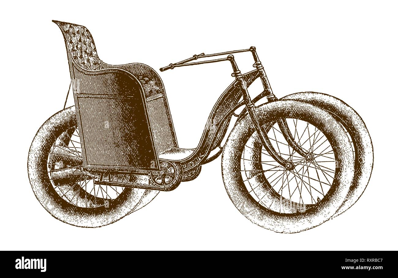 Historic four-wheeled motorcycle in side view (after an etching or engraving from the 19th century) Stock Vector