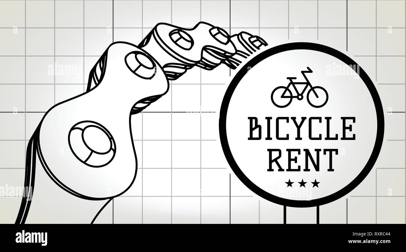 Bicycle rent sign on blueprint background with bicycle chain. Vector Stock Vector