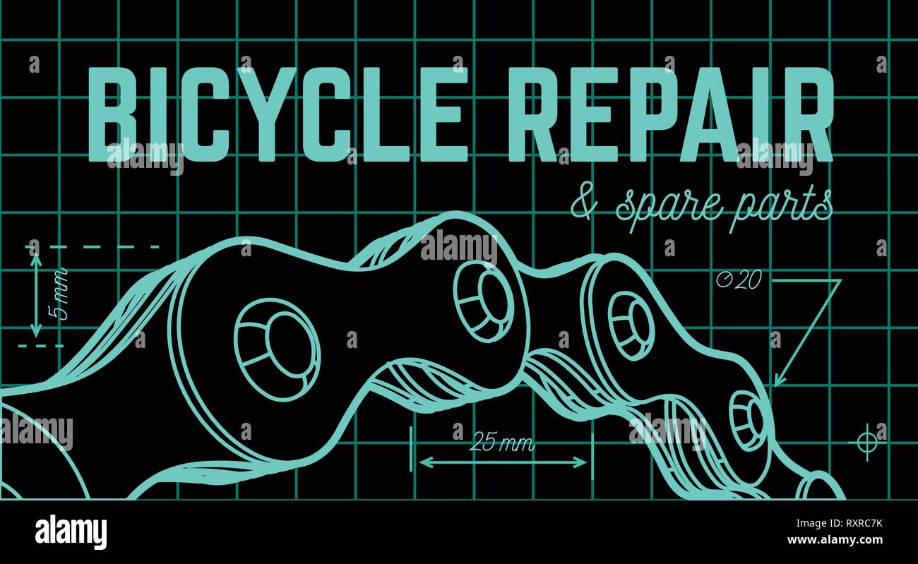 Bicycle repair on blueprint background with bicycle chain. Vector Stock Vector