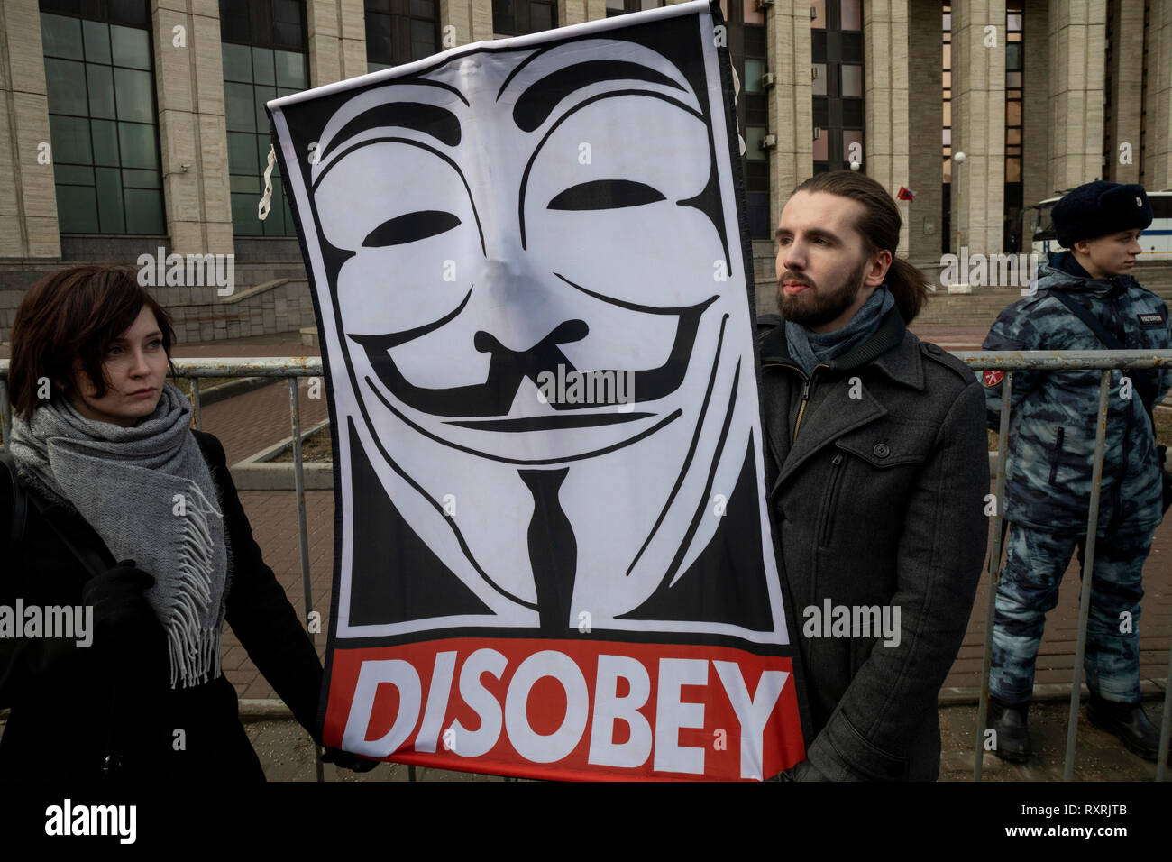 Moscow, Russia. 10th Mar 2019. People take part in a rally against the isolation of the Russian internet held in Sakharova Avenue Credit: Nikolay Vinokurov/Alamy Live News Stock Photo