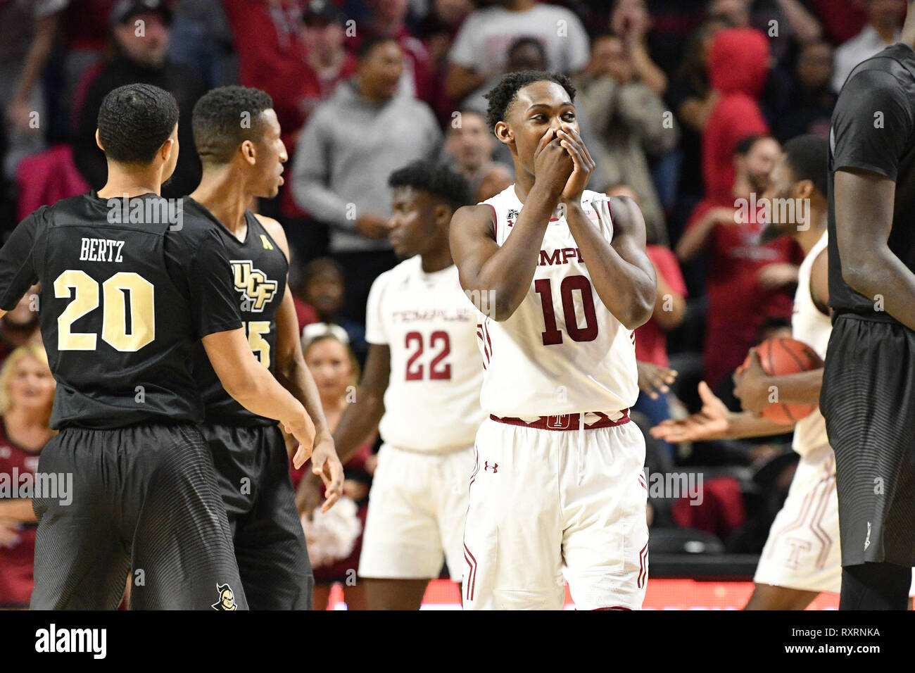Philadelphia, Pennsylvania, USA. 9th Mar, 2019. Temple Owls guard SHIZZ ALSTON JR. (10) reacts after an apparent blown call during the American Athletic Conference basketball game played at the Liacouras Center in Philadelphia. Temple beat #25 UCF 67-62. Credit: Ken Inness/ZUMA Wire/Alamy Live News Stock Photo