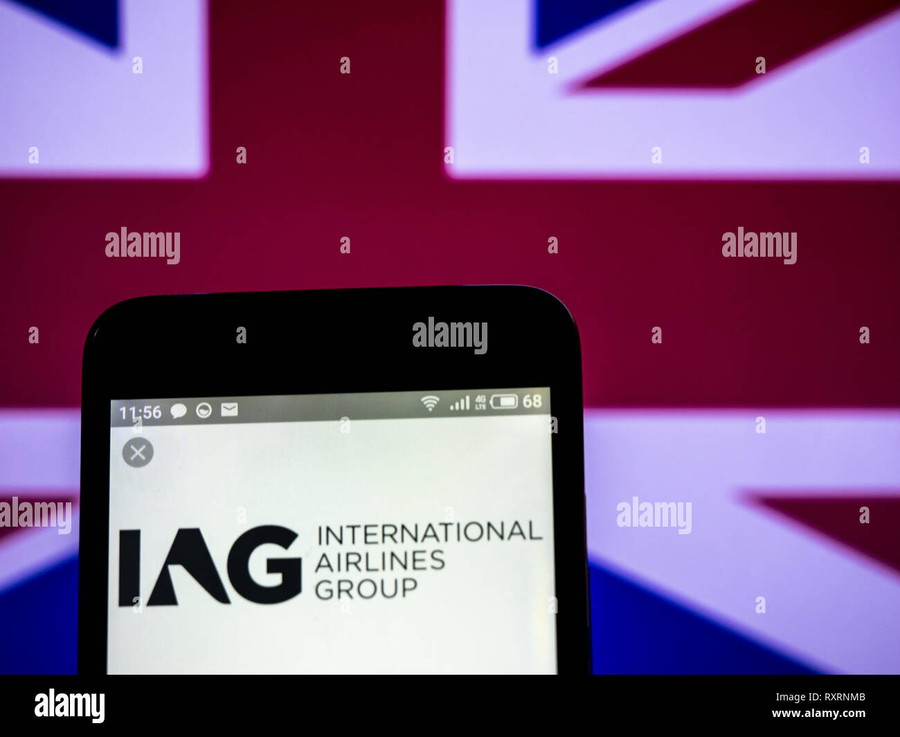 Ukraine. 10th Mar, 2019. International Airlines Group logo seen displayed on a smart phone. Credit: Igor Golovniov/SOPA Images/ZUMA Wire/Alamy Live News Stock Photo