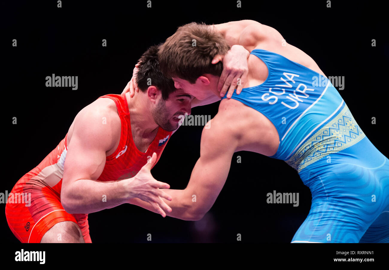 Novi Sad, Serbia. 10th Mar, 2019. United World Wrestling Under 23 Senior European Championships; Batyrbek Tcakulov of RUS comepetes against Vasyl Sova of UKR during the Men's Freestyle 92kg Gold medal match Credit: Action Plus Sports/Alamy Live News Stock Photo