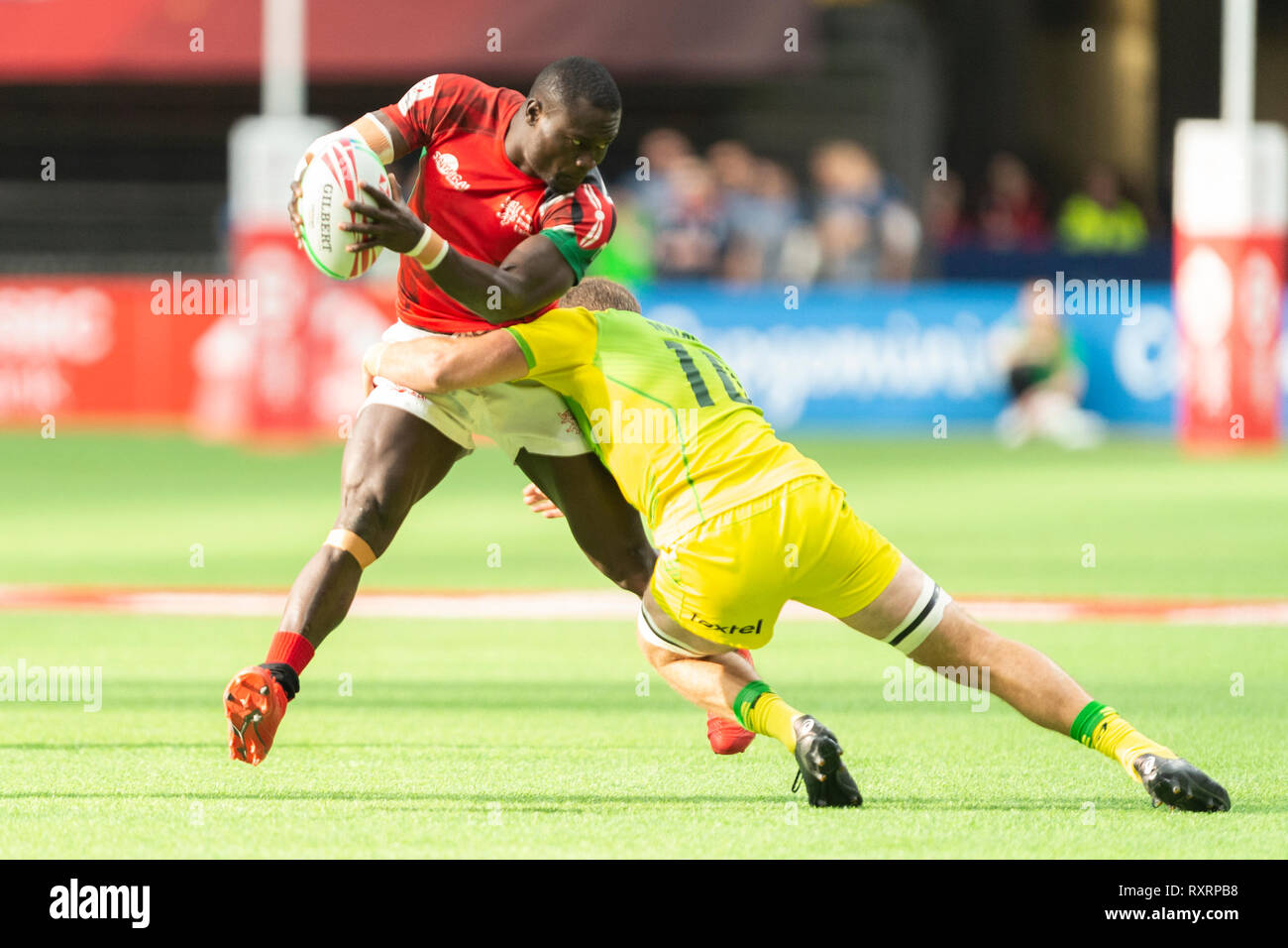 Vancouver, Canada. 10 March, 2019.. Rodney Davies of Australia tackling ...
