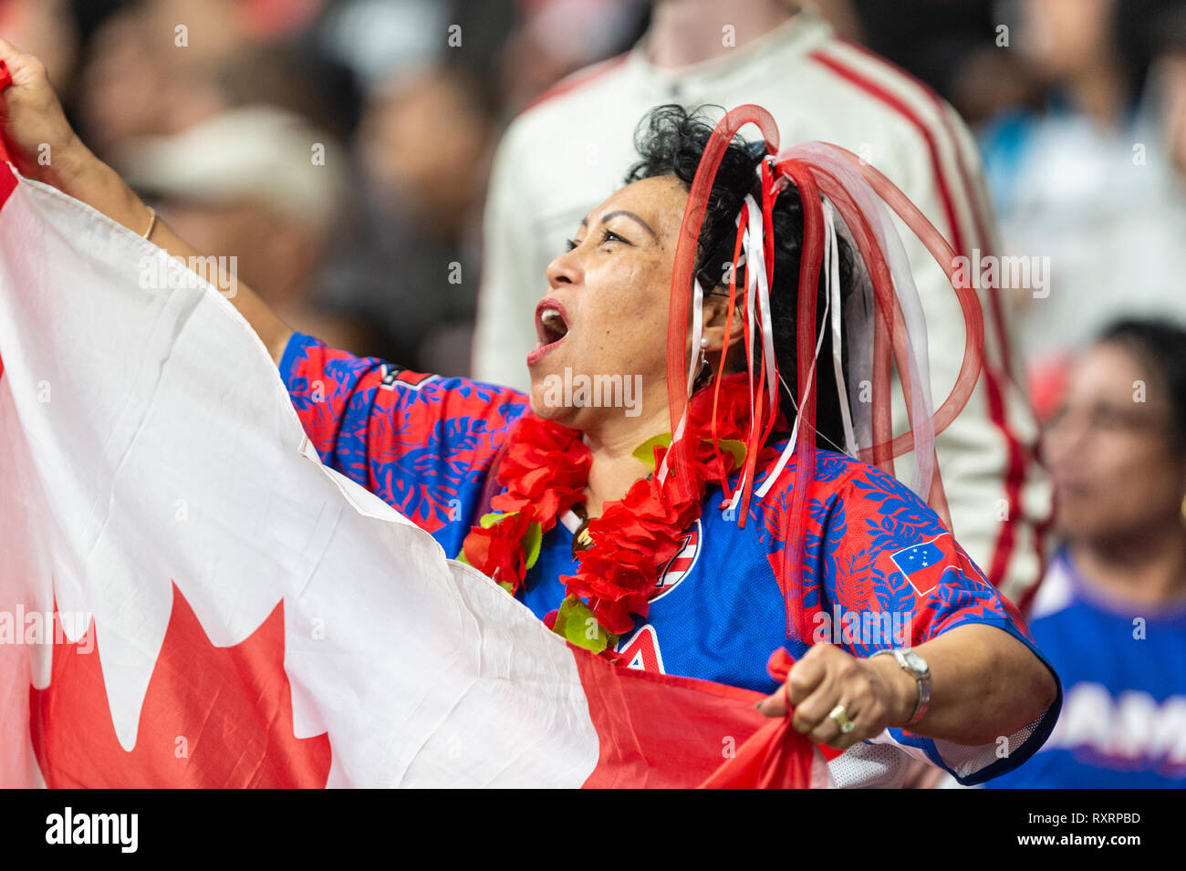 Vancouver, Canada. 10 March, 2019.  One of many fans in attendance dressed in costume. 2019 HSBC Canada Sevens Rugby - Day Two, BC Place Stadium. © Gerry Rousseau/Alamy Live News Stock Photo