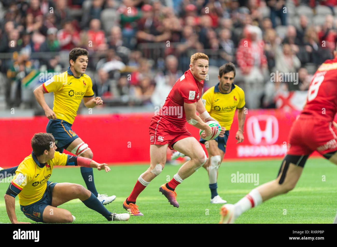 Vancouver, Canada. 10 March, 2019.  Connor Braid of Canada running with the ball. 2019 HSBC Canada Sevens Rugby - Day Two, BC Place Stadium. © Gerry Rousseau/Alamy Live News Stock Photo