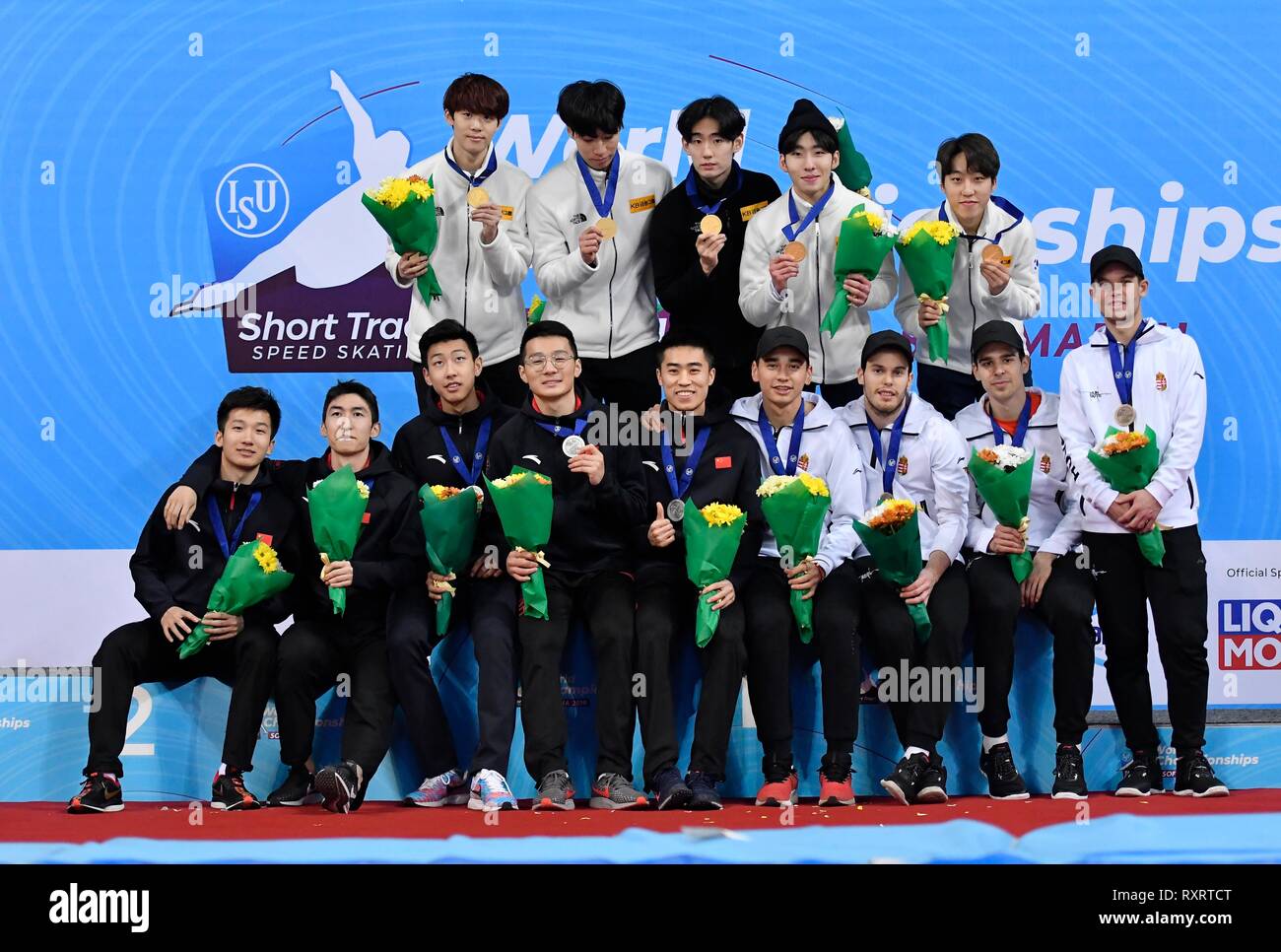 ISU Short Track World Championships on March 10 2019 at the Arena Armeec in Sofia, Bulgaria. Podium 5000 meters relay men. Credit: Soenar Chamid/SCS/AFLO/Alamy Live News Stock Photo