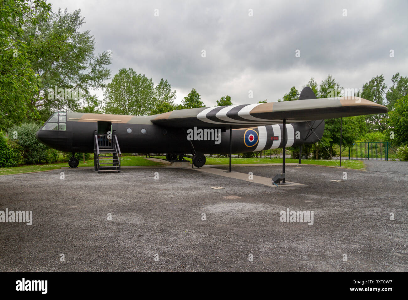 A full sized model of a Horsa glider as used in the assault of Pegasus Bridge. Pegasus Museum, Normandy, France. Stock Photo