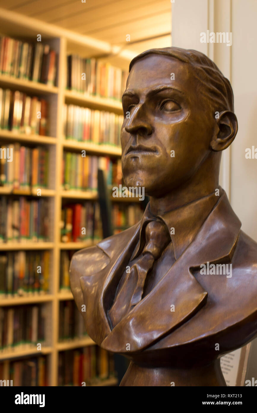 Bust of HP Lovecraft that lived a block or two from this private library on College Hill in Providence, RI. He was an author of horror fiction books. Stock Photo