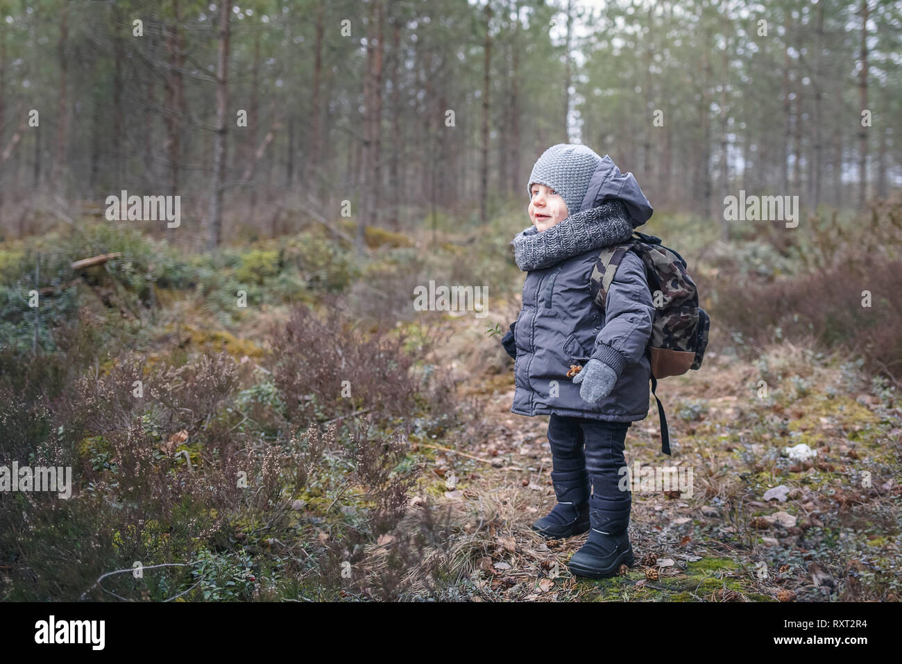 Little boy go hiking with backpack on the forest on a cold day Stock Photo