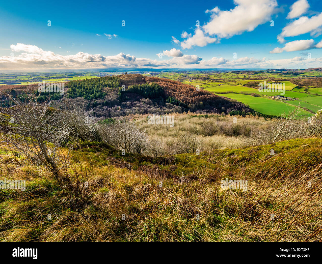 View from the top of Sutton Bank towards Hood Hill, Hambleton Hills, North Yorkshire, UK., Hambleton Hills, North Yorkshire, UK. Stock Photo