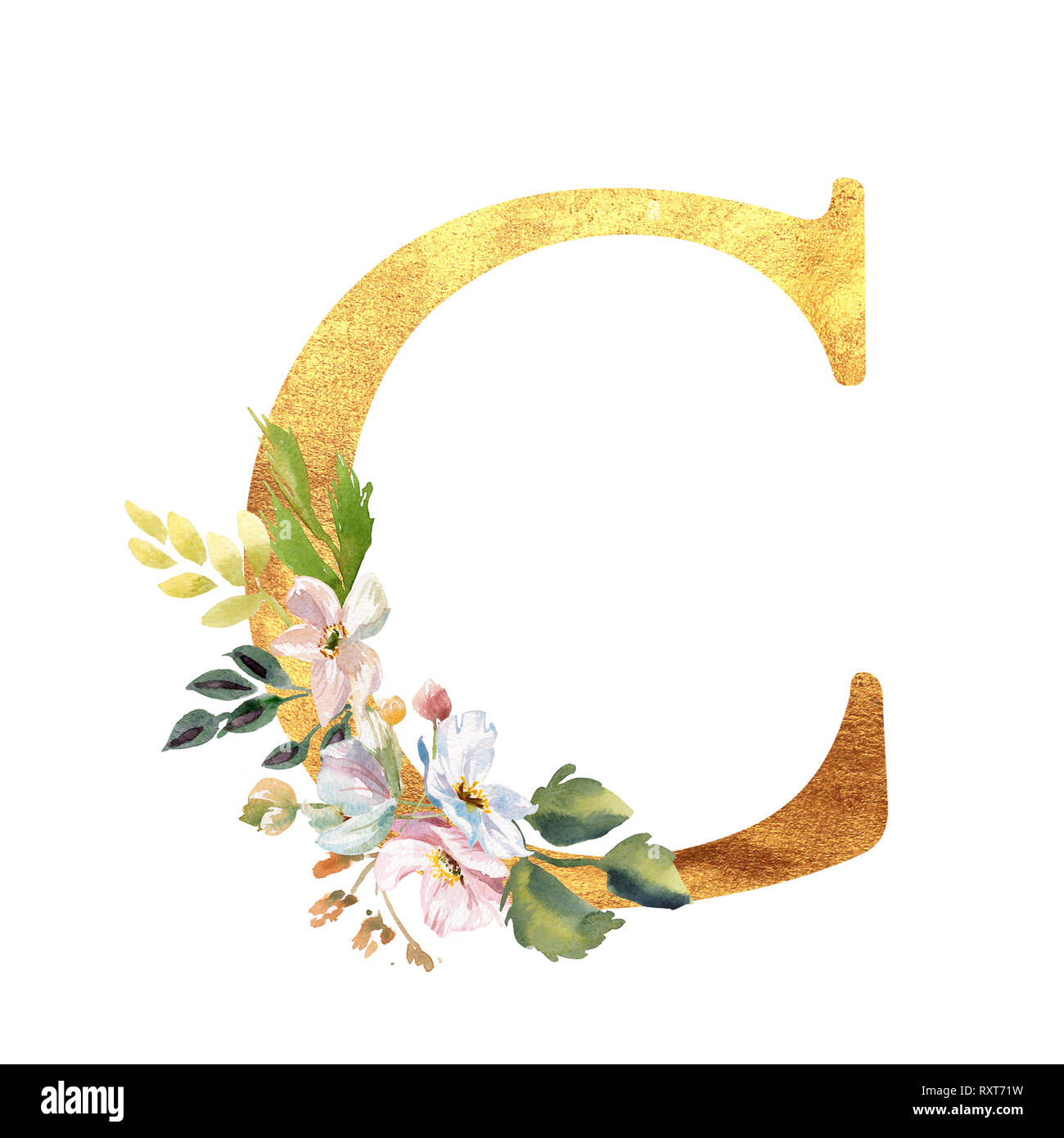 Romantic gold letter C with drawn watercolor flowers. Elegant emblem for  book design, brand name, wedding invitation thanks card Stock Photo - Alamy