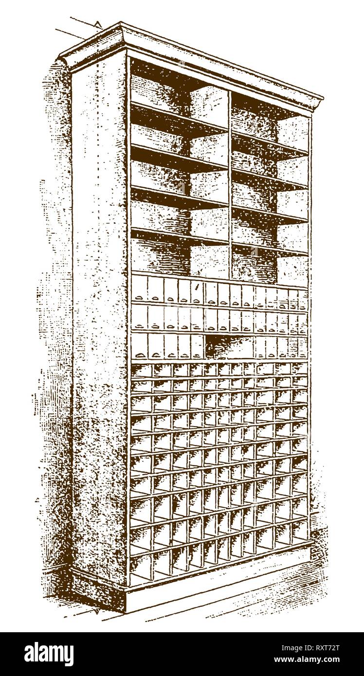 Historic store rack or shelf with drawers (after an etching or ...