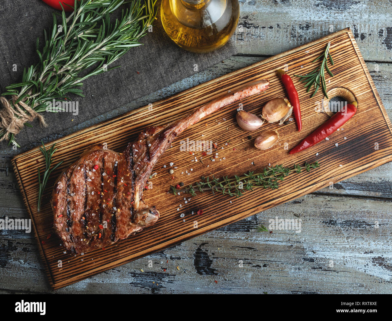 grilled lamb veal ribs loin on the on a cutting board, spices , chops Stock Photo