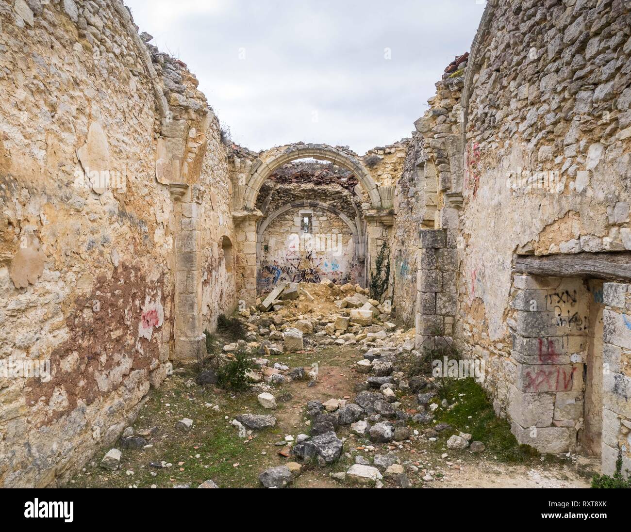 Burgondo Chapel near the abandonded haunted village of Ochate, Treviño Country, Burgos, Spain Stock Photo