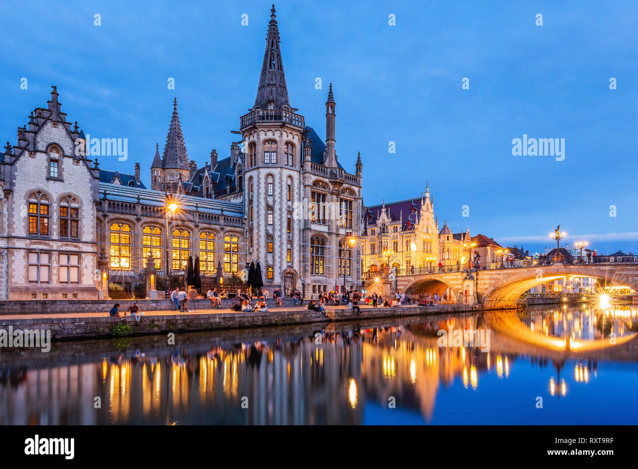Ghent Belgium Medieval Buildings Overlooking The Graslei Harbor On 