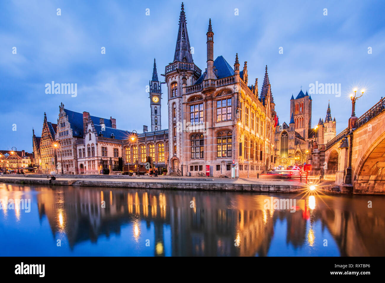Ghent, Belgium. Medieval buildings overlooking the Graslei harbor on Leie river. Stock Photo