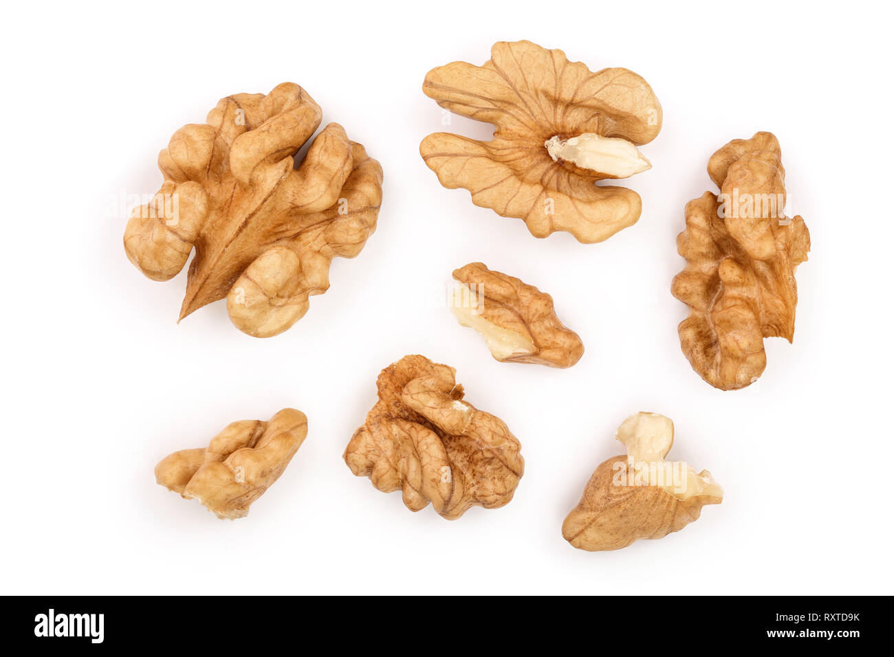 peelled Walnuts isolated on white background. Top view. Flat lay. Stock Photo