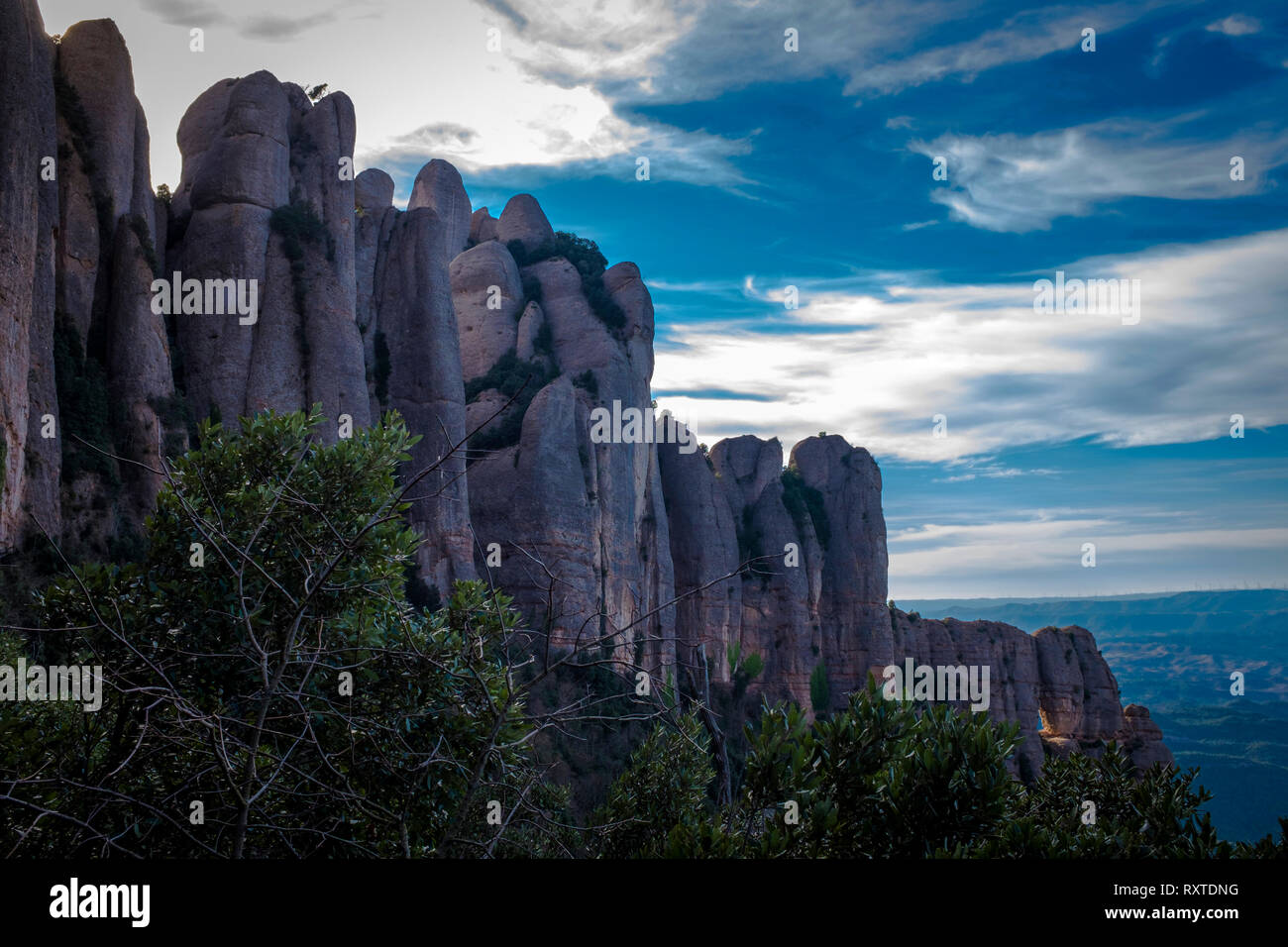 The saw-toothed mountain of Montserrat, near Barcelona, Catalonia, the first national park established in Spain. Stock Photo