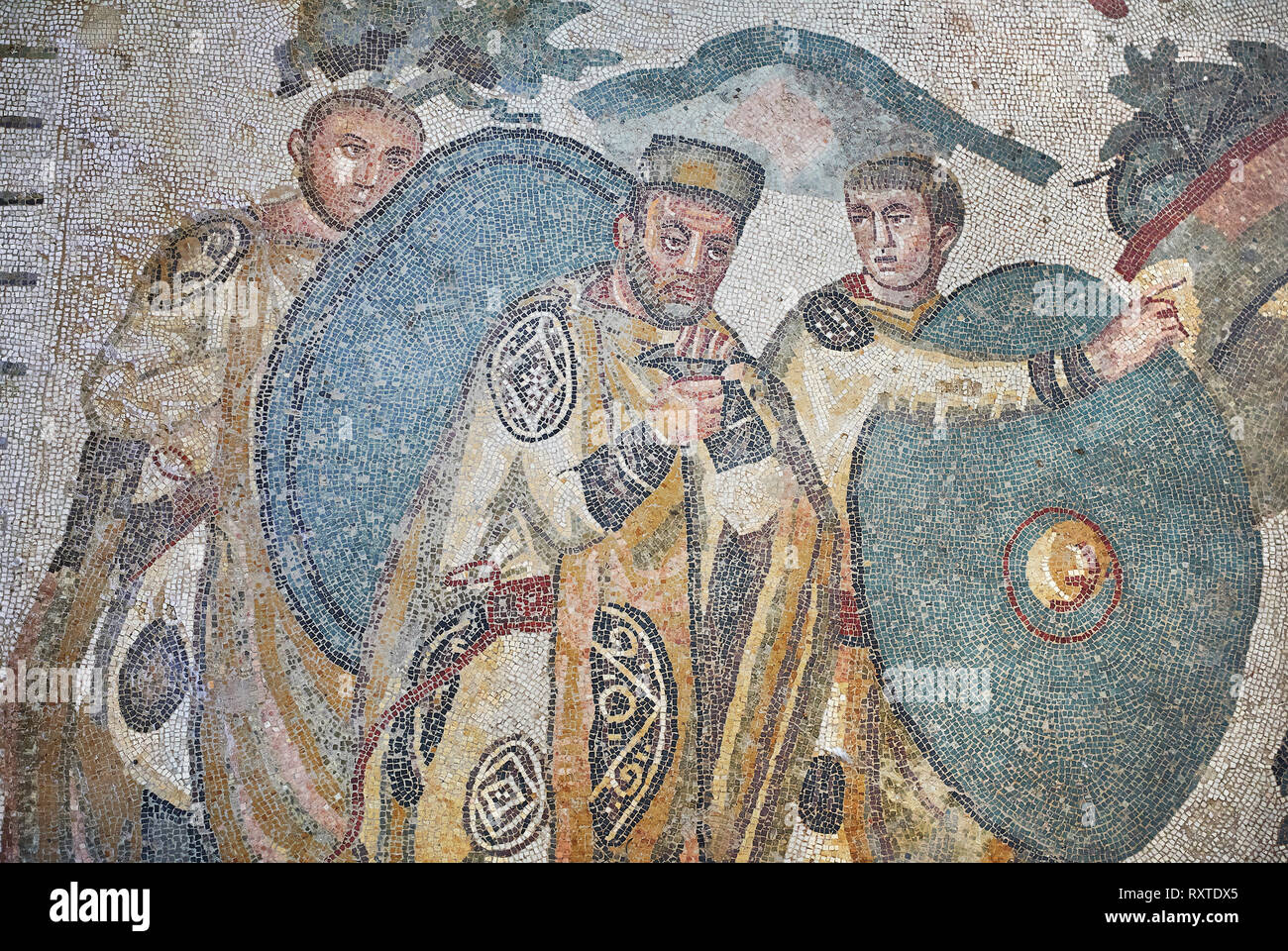 Ambulatory of the Great Hunt Roman mosaic, Emperor Maximianus watches ...