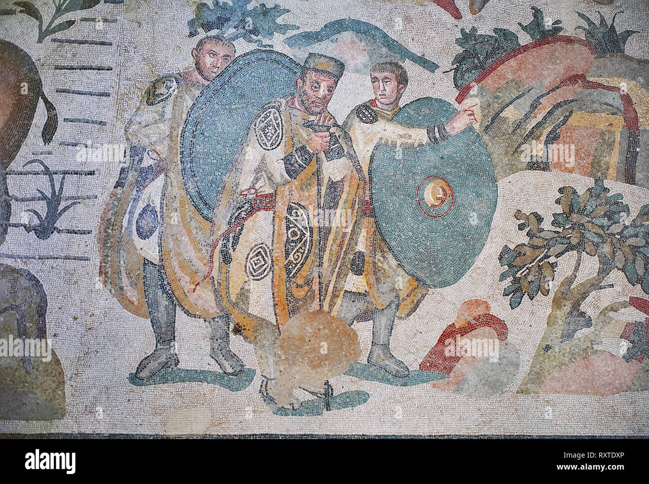 Ambulatory of the Great Hunt Roman mosaic, Emperor Maximianus watches ...