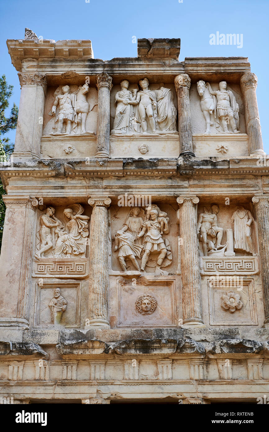 Sebasteion sanctuary building ruins and relief panels,  Aphrodisias Archaeological Site, Aydin Province, Turkey. Stock Photo