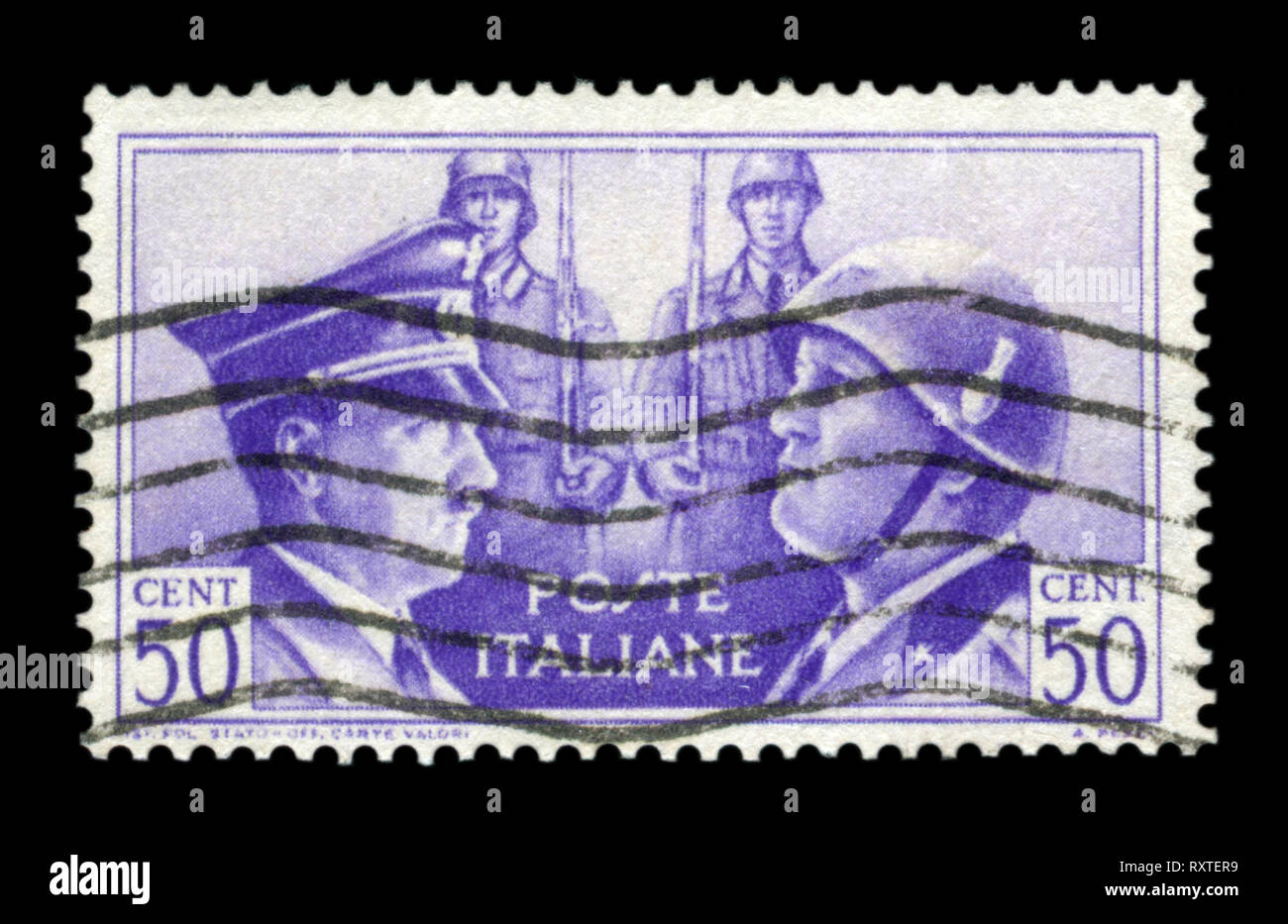 Italian historical stamp: German-Italian brotherhood in arms, Portraits of Hitler and Mussolini with two soldiers,Italy, postmark, ww2 Stock Photo