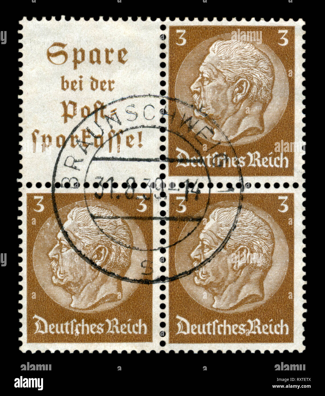 German historical block of three stamps: Paul von Hindenburg-series medallions 1933-1936 issue, Braunschweig postmark 1938, Germany, the Third Reich Stock Photo