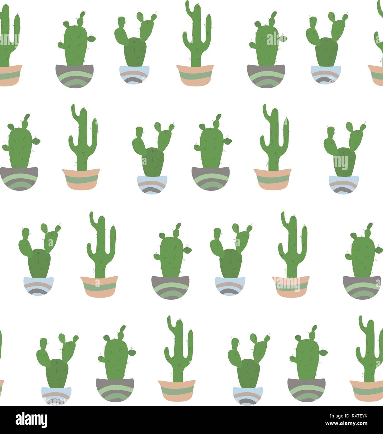 Seamless pattern with potted cactus on hte white background. Stock Vector