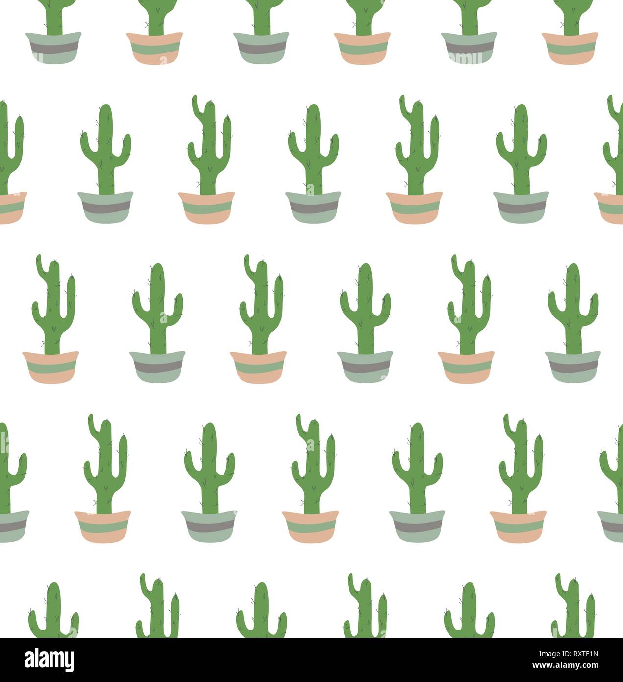 Seamless pattern with potted cactus on hte white background. Stock Vector