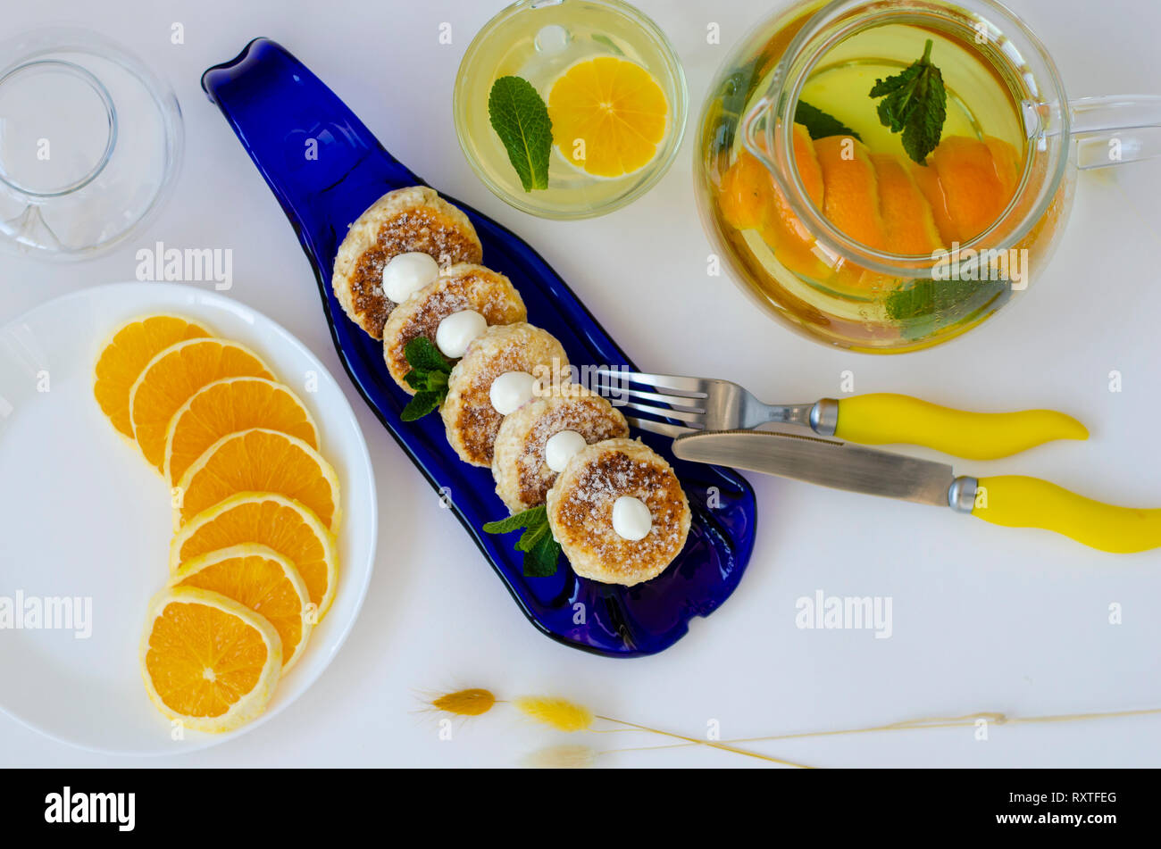 Healthy Breakfast Table With Cheesecakes From Cottage Cheese With