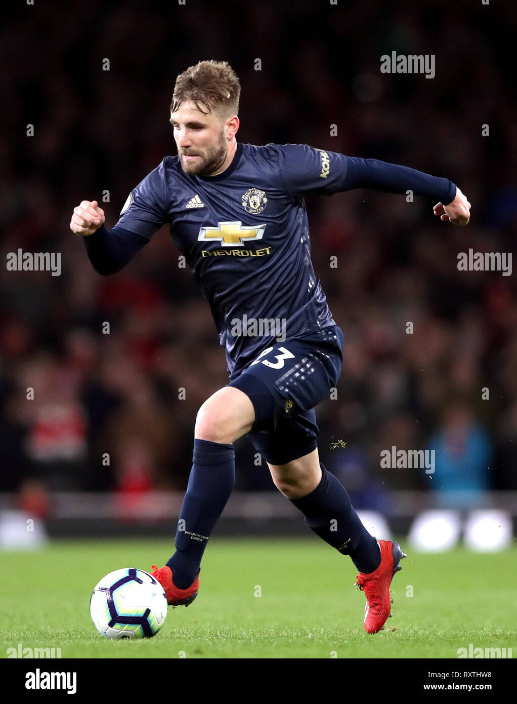 Manchester United's Luke Shaw during the Premier League match at the Emirates Stadium, London. Stock Photo