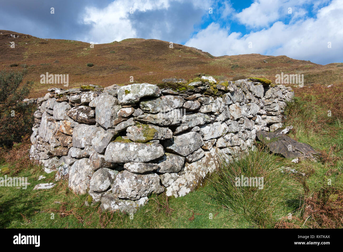 Ruins walls of old stone croft building, Boreraig, Isle of Skye, Scotland, UK Stock Photo