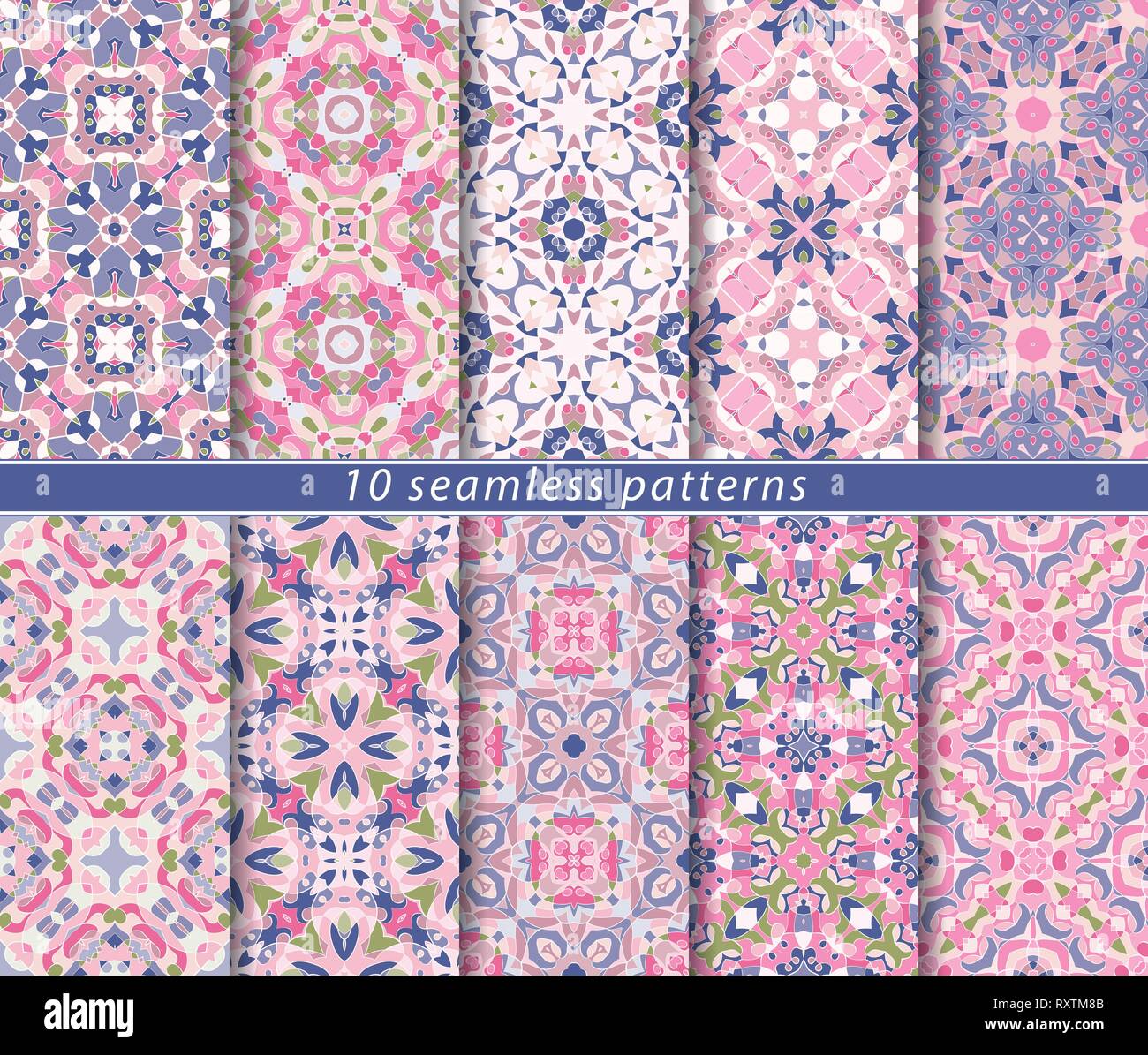 Vector set of ten seamless abstract patterns in shades of blue and pink. Decorative and design elements for textile, book covers, manufacturing, wallp Stock Vector