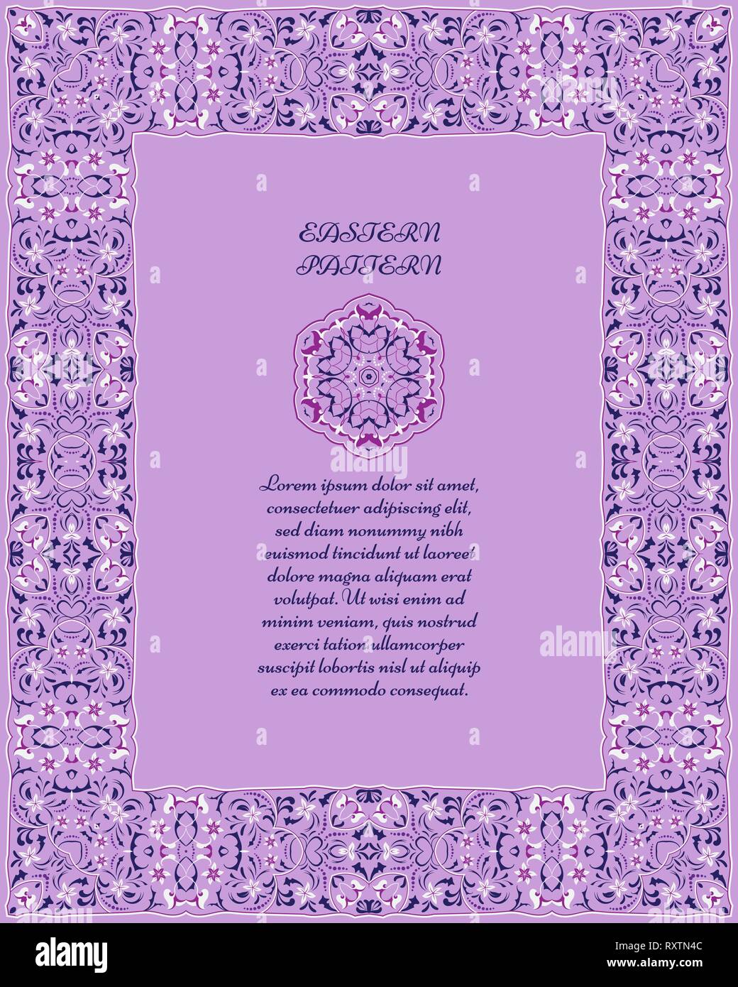 Rectangular frame with rich pattern in Arabic style. Ornate vignette for Your design cards, invitations. Vector illustration. Stock Vector