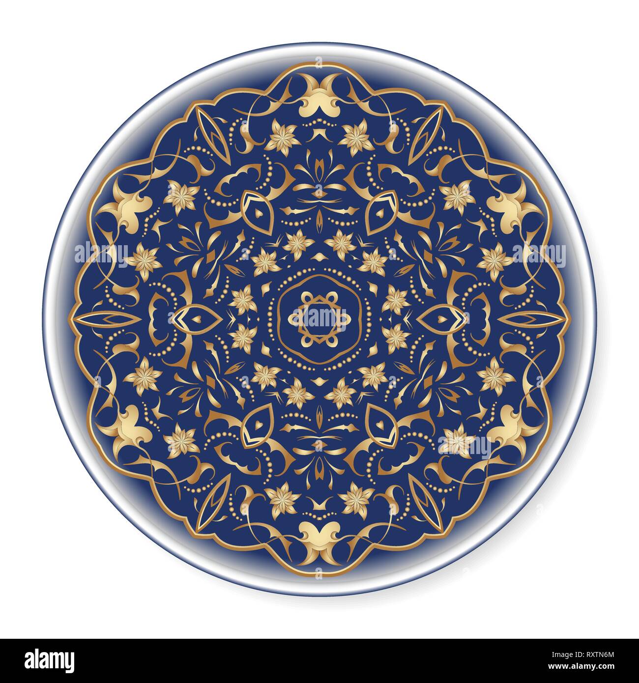 Blue decorative plate with rich gold pattern, top view. Circular ornament with arabesques. Vector illustration in Arabic style. Stock Vector