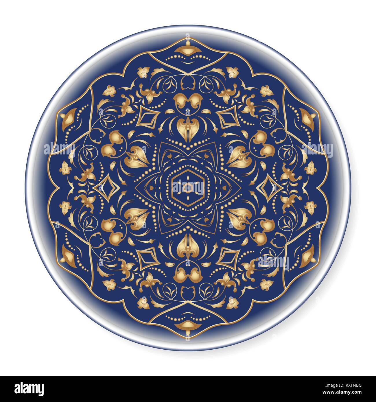 Blue decorative plate with rich gold pattern, top view. Circular ornament with arabesques. Vector illustration in Arabic style. Stock Vector