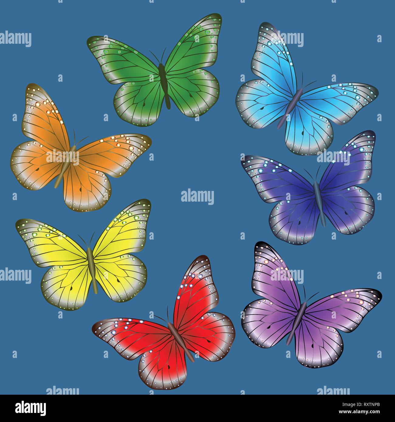 Iridescent butterflies on blue background pattern vector Stock Vector