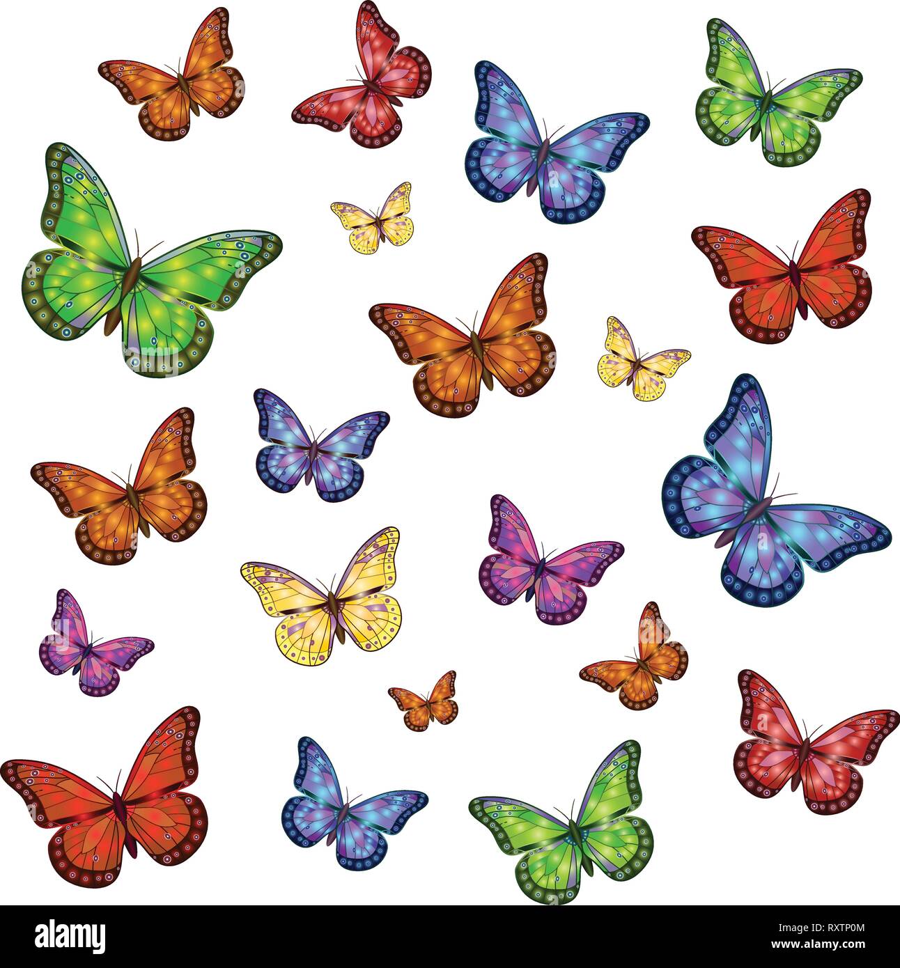 multi-colored small and large butterflies on a white background Stock Vector