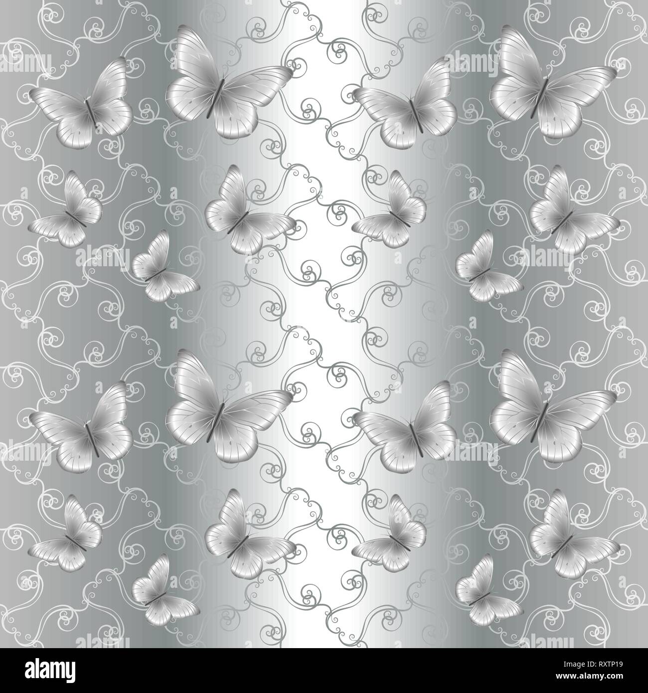 Silver butterflies on a gray background with ornament Stock Vector