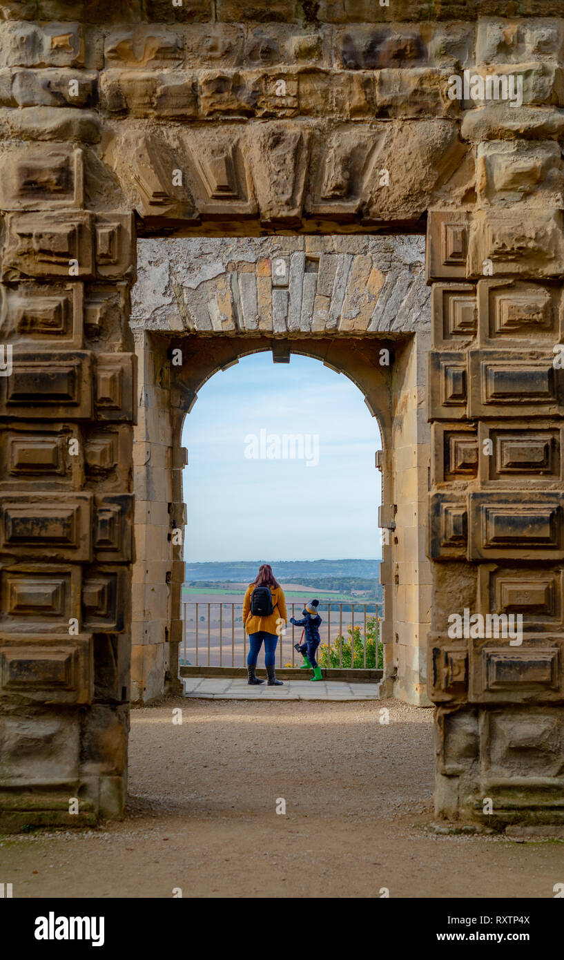 BOLSOVER, UK - 7TH OCTOBER 2018: A mother and her son looking at the view from Bolsover Castle Stock Photo