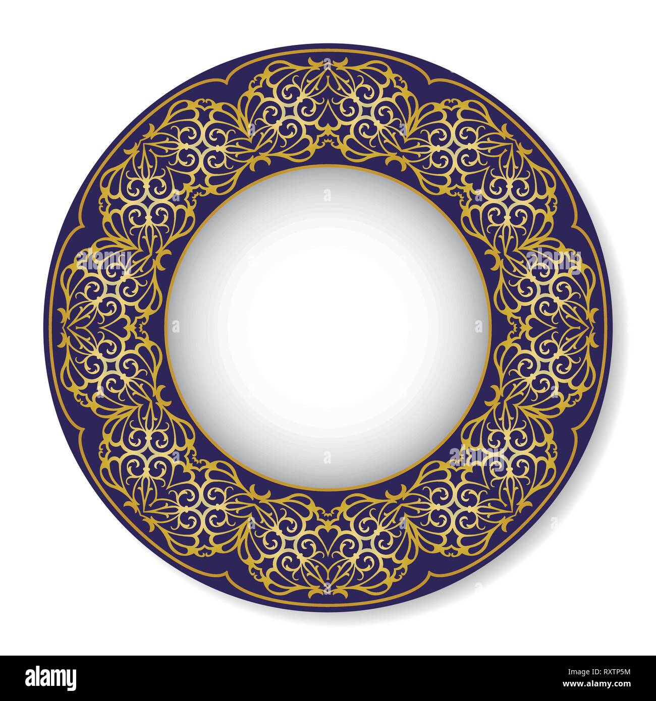 Vector illustration of a white and blue plate with gold pattern Stock Vector